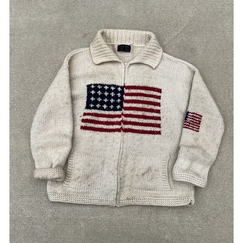 Otavalo Full Zip Cardigan Mens Wool Hand Knit American Flag Cream Sweater